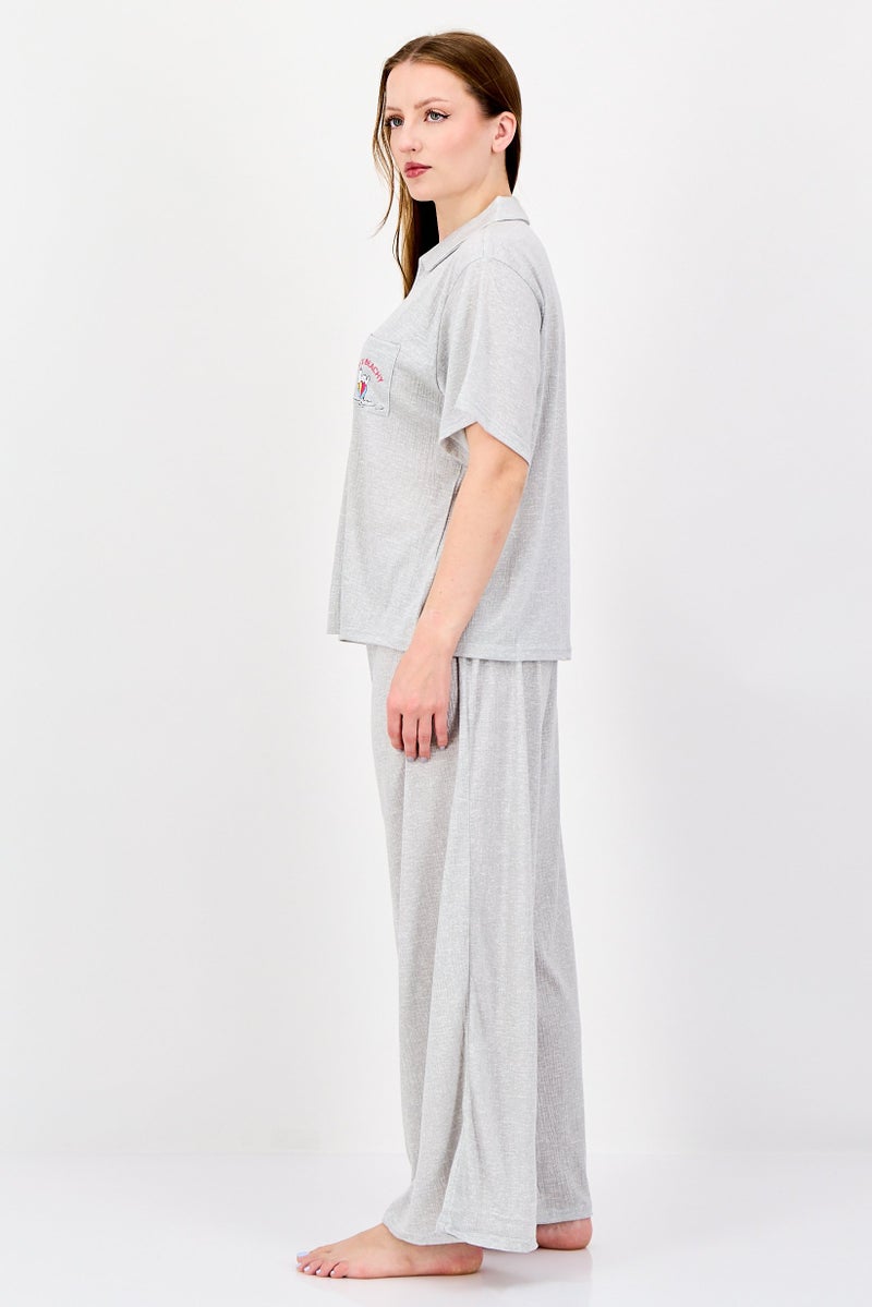 Peanuts Women 2Pcs Embroidered Pajama Top And Bottom Set, Grey - Image 2